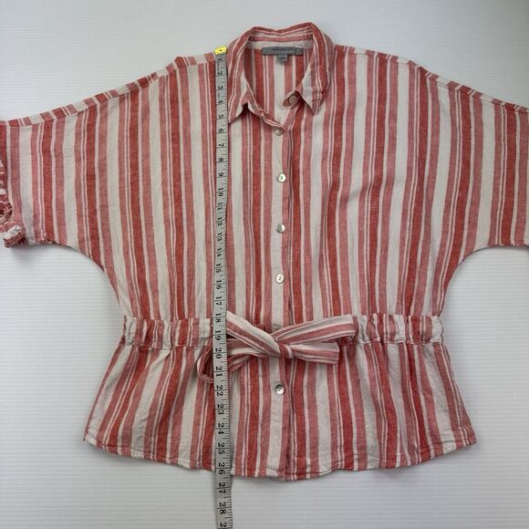 Marc New York Red White Striped Ruffle Sleeve Belted Button Shirt Top S Linen - Picture 7 of 8